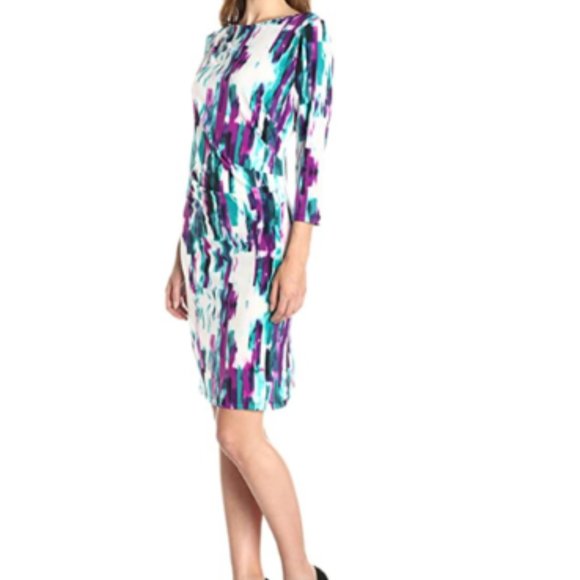 Classy Calvin Klein Women's 3/4 Sleeve Ruched Abstract Print Dress Sz M - Picture 2 of 12